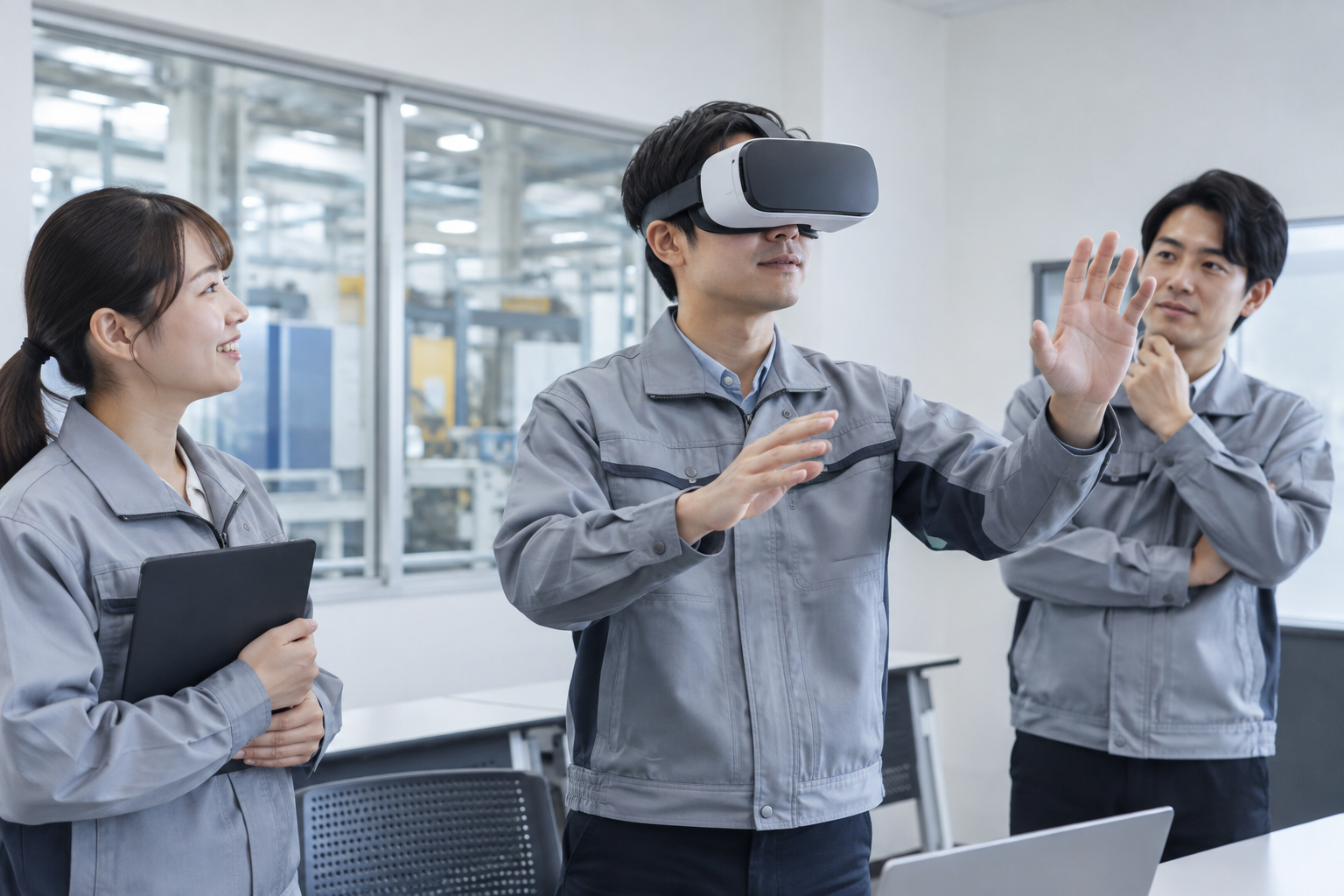 VR研修を体験するスタッフと見守る担当者のイメージ