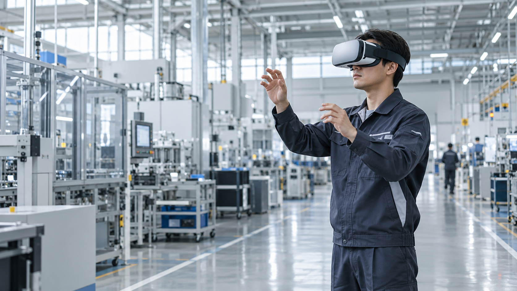 工場内でVR研修を体験する作業者のイメージ